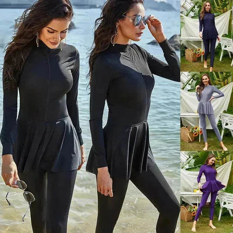 Pure Color Long-sleeved Trousers Fully Surrounded By Conservative Beach Surfing Sunscreen ArabOne-piece Swimsuit