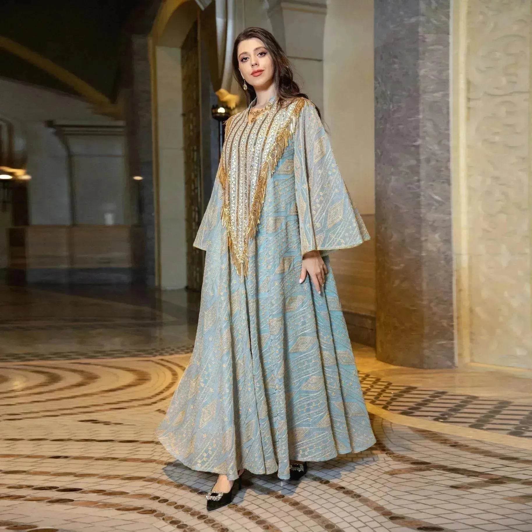Festival Evening Party Mesh Embroidered Sequins Robe Abaya Dress for Arab Turkey Dubai Middle Eastern Women.