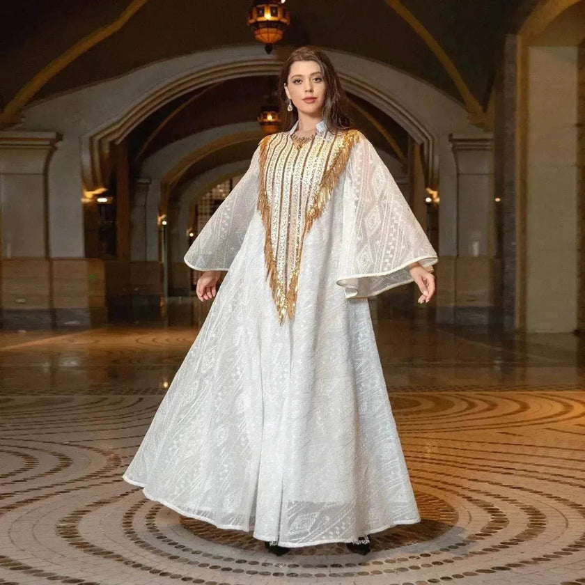 Festival Evening Party Mesh Embroidered Sequins Robe Abaya Dress for Arab Turkey Dubai Middle Eastern Women.