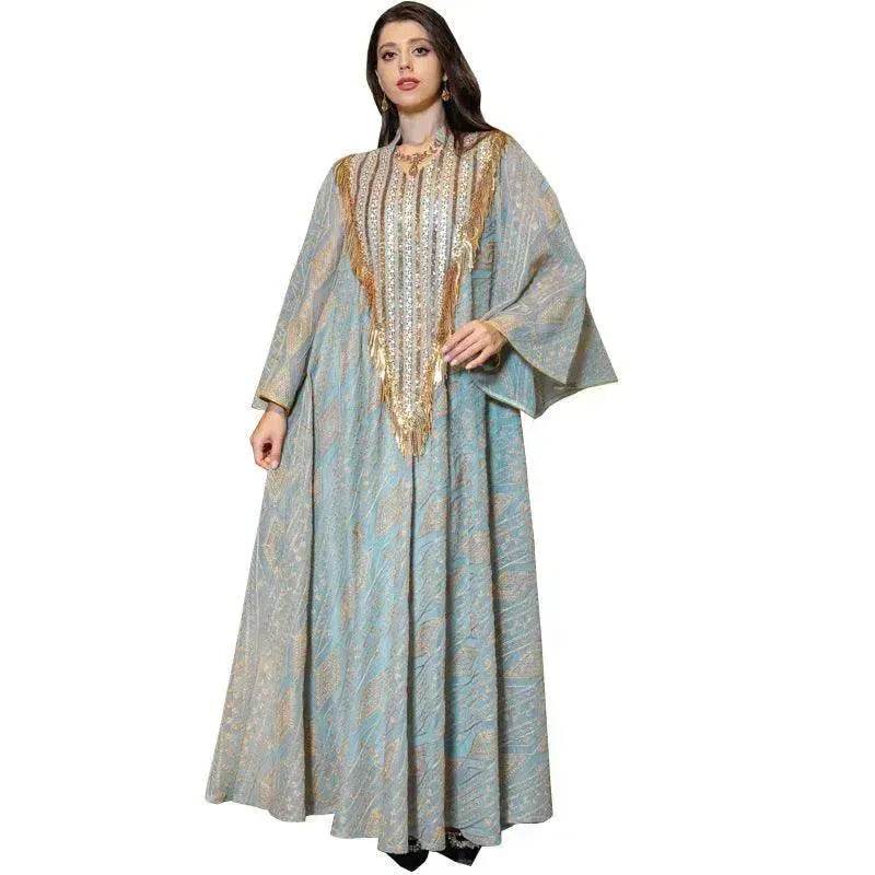 Festival Evening Party Mesh Embroidered Sequins Robe Abaya Dress for Arab Turkey Dubai Middle Eastern Women.
