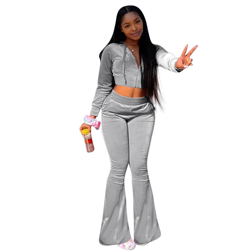 Women 2pcs Velvet Hoodie Wide leg Pant Crop top sweatsuit Athleisure Outfit