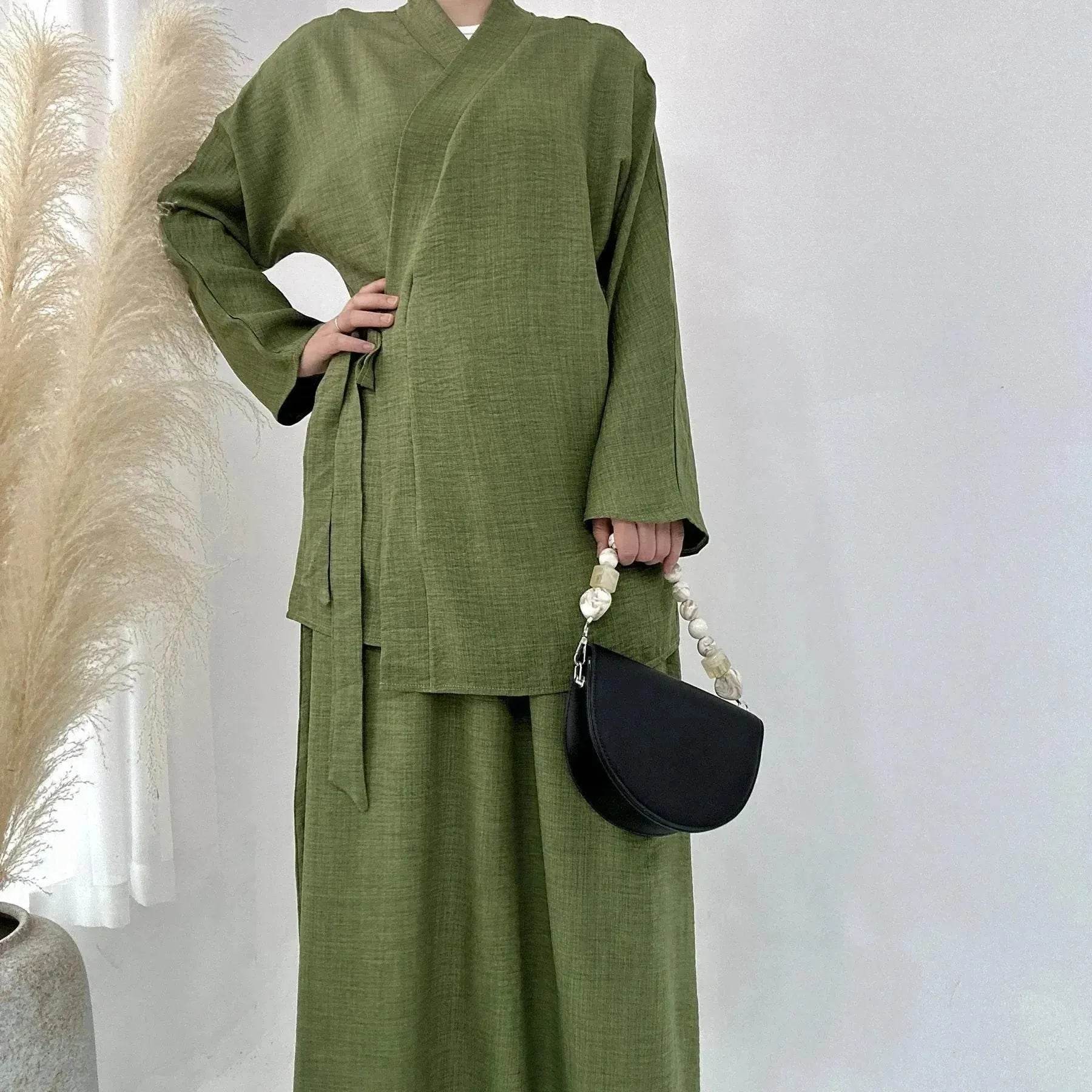 Plain Color Casual Lace Up Middle East Dubai Top And Skirt Suit Eid Abaya Jilbab Hijab Abaya for ArabWomen