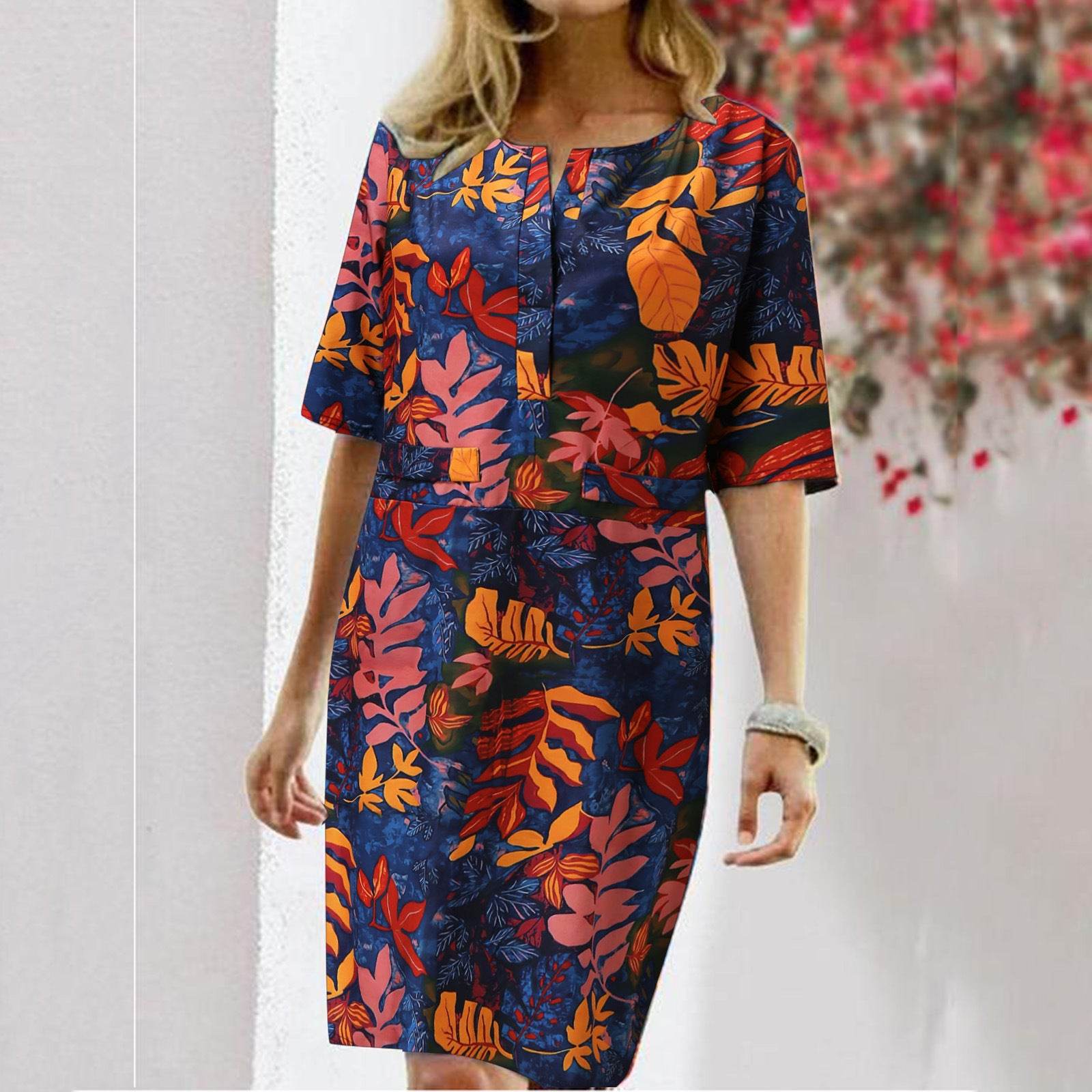Women's Vintage Floral Print Midi Dress – Slit Round Neck Half Sleeve Summer Dress