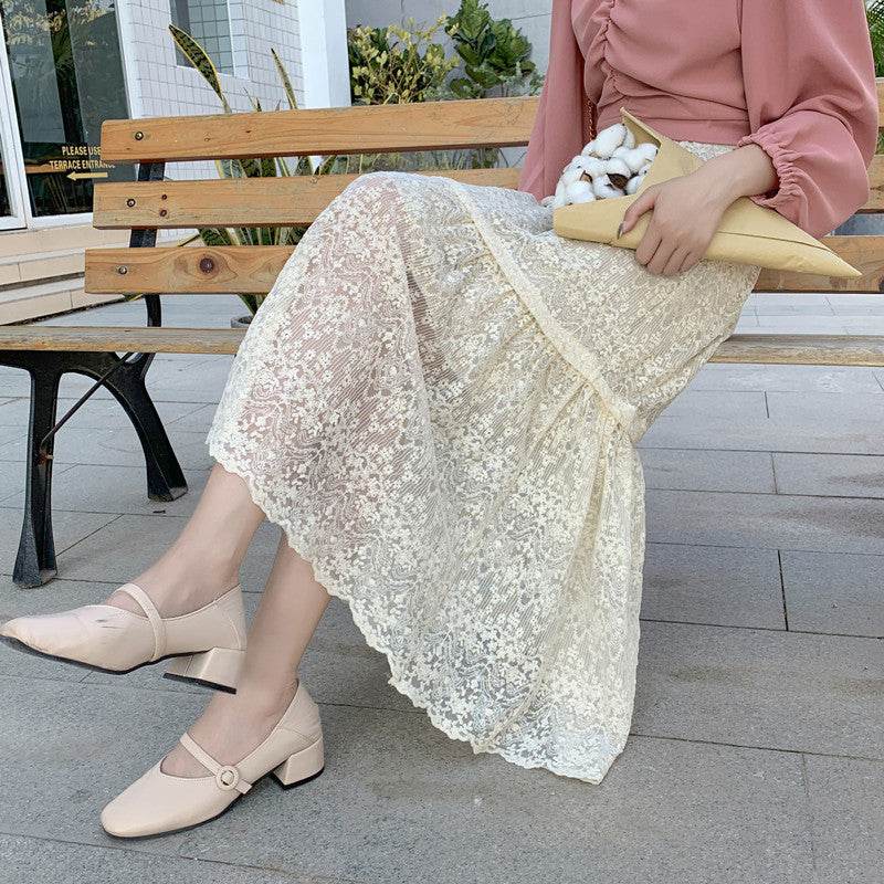 Women's High Waist Lace Midi Skirt, Mulberry Silk, Flowy A-Line, Spring Summer
