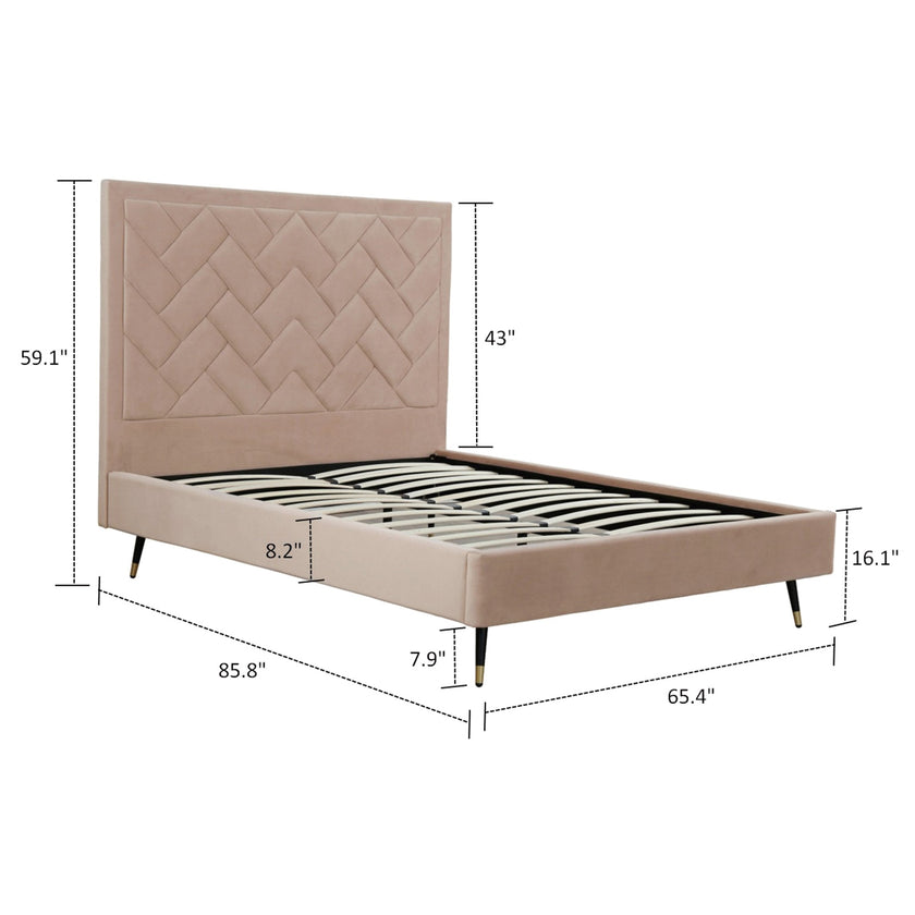 Gallagher Upholstered Velvet Platform Queen Bed - Nude Beige