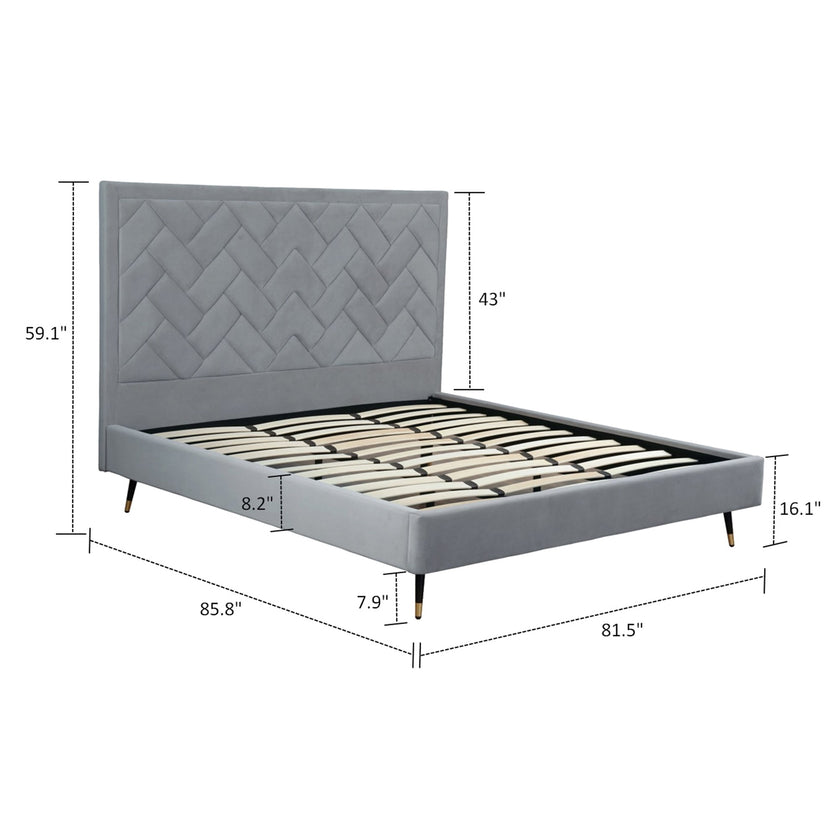 Gallagher Upholstered Velvet Platform Bed - Grey
