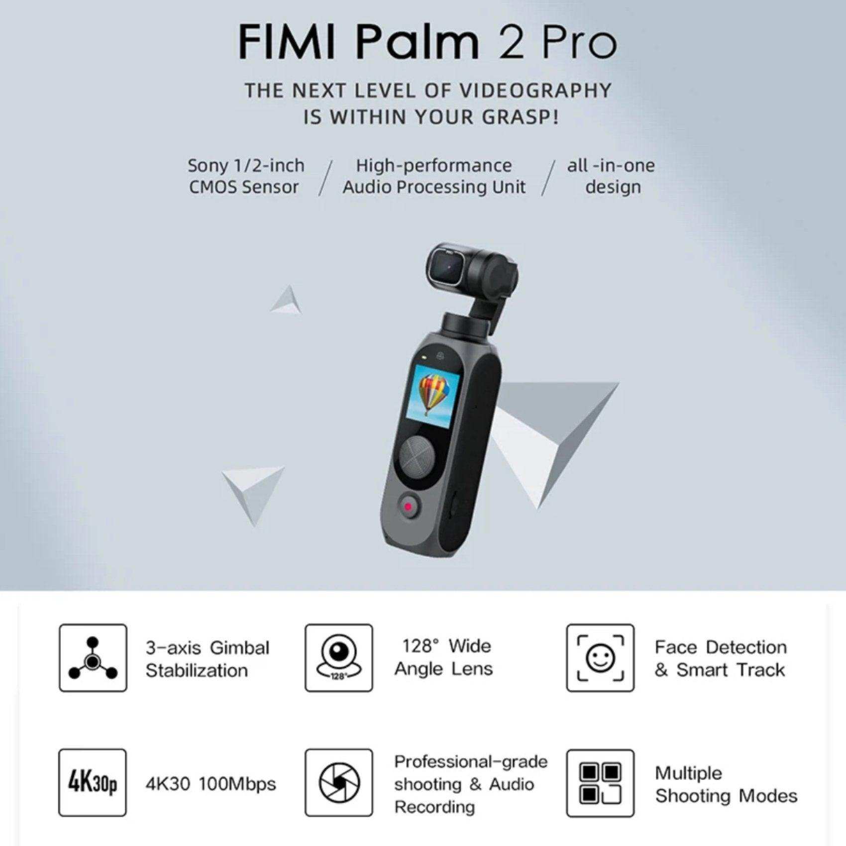 FIMI Palm 2 Pro (Upgraded) 3-axis Handheld Stabilized Gimbal Pocket Camera 1/2 Inch, Sensor 4K 30fps 160 Minute Mechanical Stabilization 128GB SD Sold by TUTT