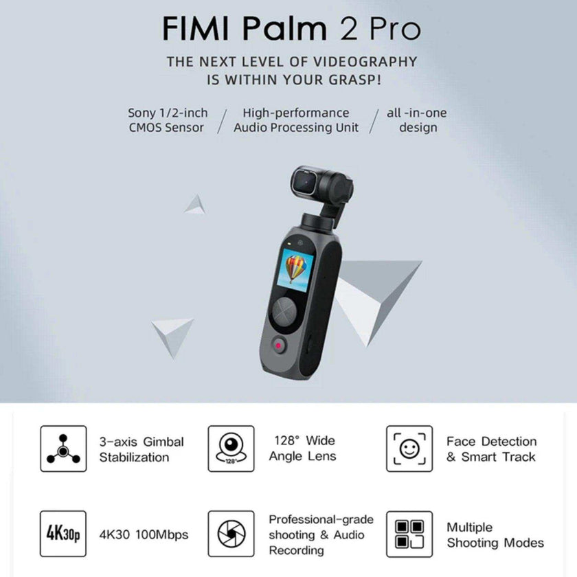 FIMI Palm 2 Pro (Upgraded) 3-axis Handheld Stabilized Gimbal Pocket Camera 1/2 Inch, Sensor 4K 30fps 160 Minute Mechanical Stabilization 128GB SD Sold by TUTT