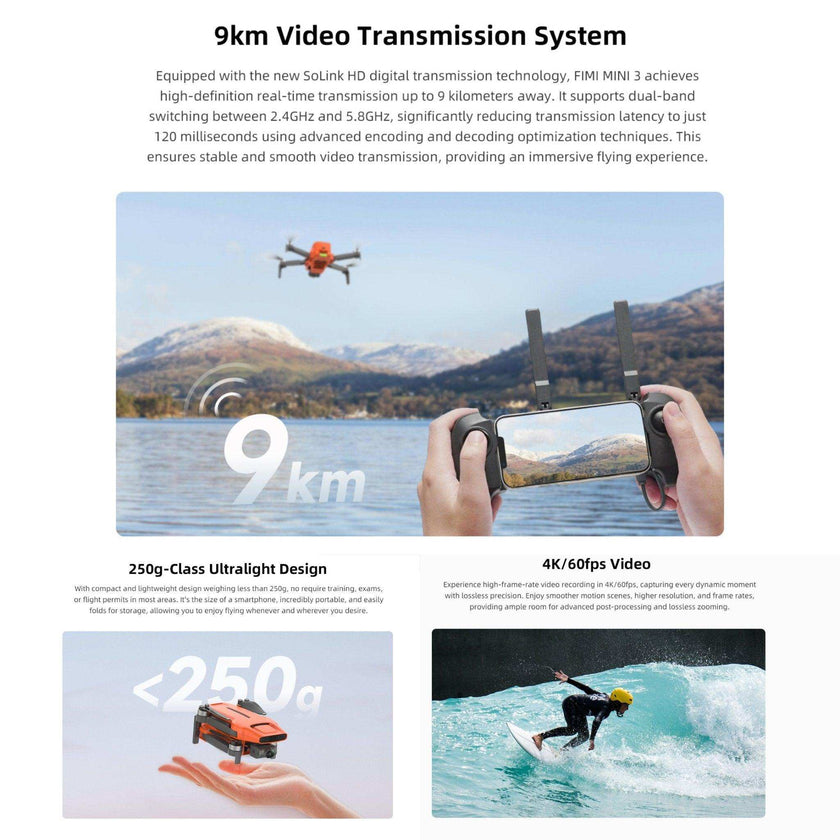 FIMI X8 MINI 3 Professional GPS Mini Drone | 9KM FPV With 4K 48MP 60fps 1/2″ CMOS Camera 3-axis Mechanical Gimbal 32mins | Under 250g | Two Batteries 128GB SanDisk Pro | TUTT