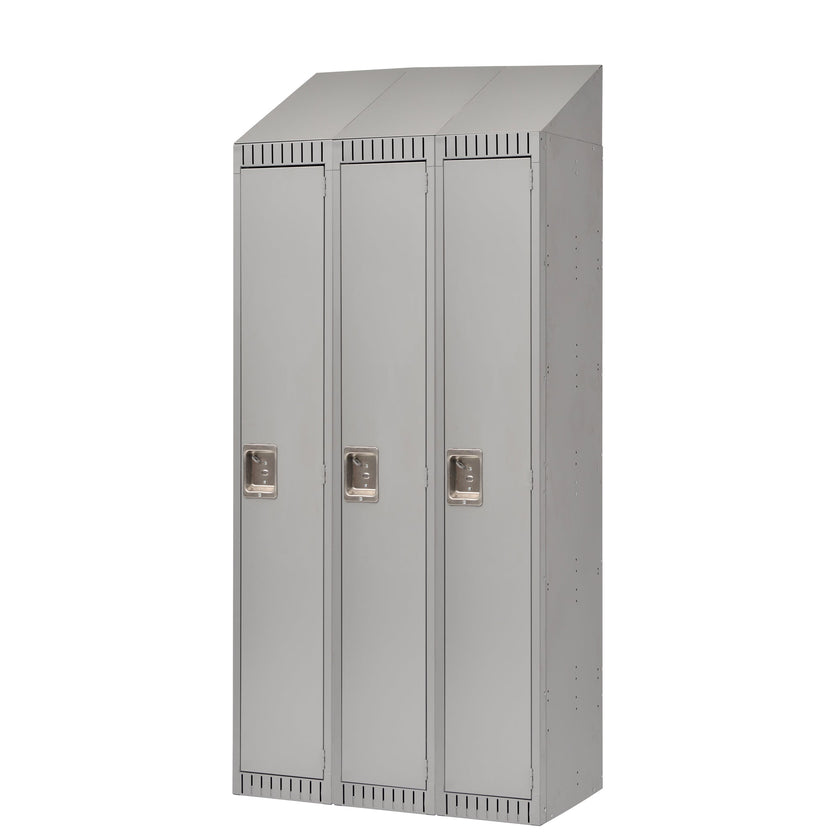 Vestiaires assemblés, rangée de 3, 91 cm x 46 cm x 208 cm, acier, gris, riveté (assemblé)
