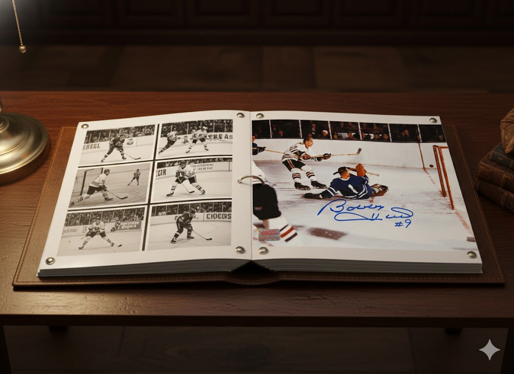 BOBBY HULL SCORES ON JOHNNY BOWER AUTOGRAPHED 8