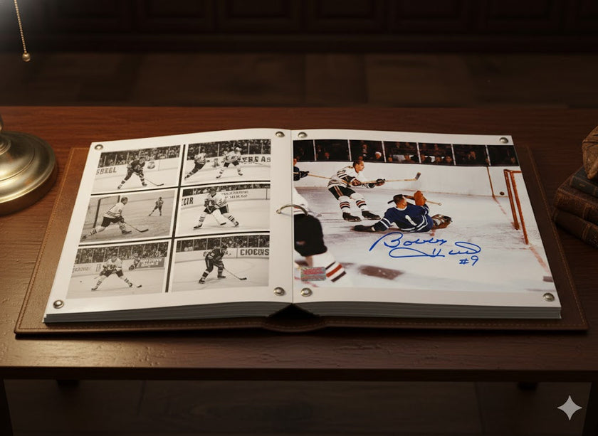 BOBBY HULL SCORES ON JOHNNY BOWER AUTOGRAPHED 8