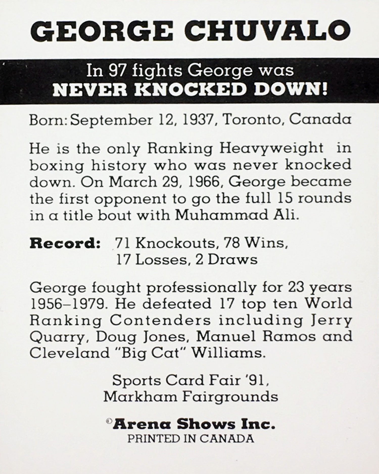 GEORGE CHUVALO BOXING CARD – CANADIAN HEAVYWEIGHT LEGEND COLLECTIBLE (3.5