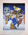 LEGENDS OF THE CREASE AUTOGRAPHED LITHOGRAPH – BOWER, CHEEVERS, HALL, WORSLEY SIGNED 11X9 HOCKEY GOALIE COLLECTIBLE WITH COA