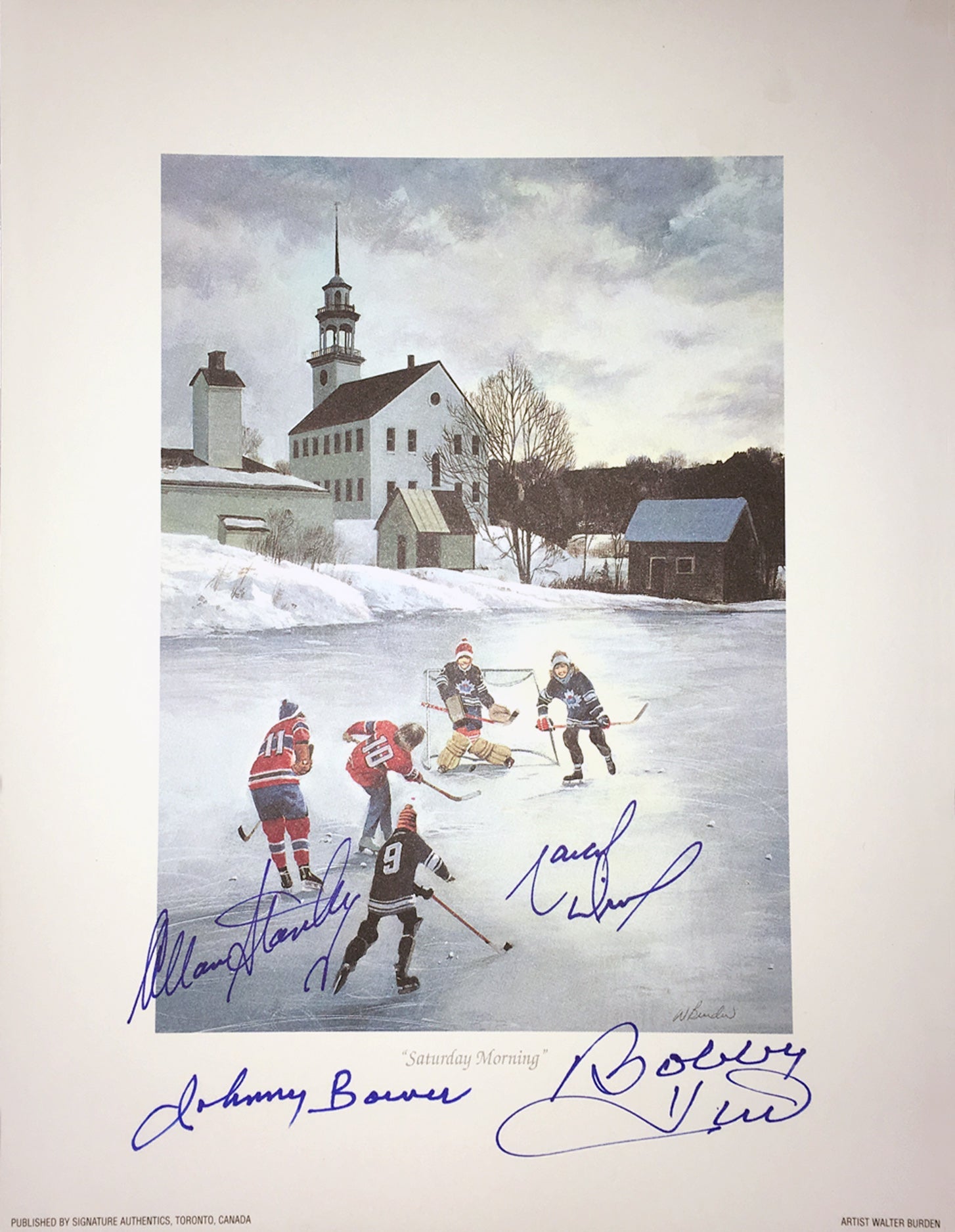 SATURDAY MORNING HHOF LITHOGRAPH SIGNED BY BOWER, HULL, STANLEY & DIONNE – NHL LEGENDS 9.5