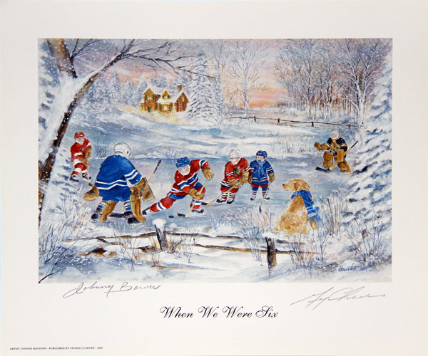 WHEN WE WERE SIX AUTOGRAPHED LITHOGRAPH – JOHNNY BOWER & GERRY CHEEVERS – VINTAGE HOCKEY ARTWORK (11.5
