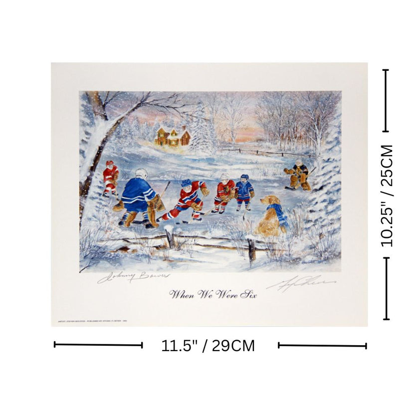 WHEN WE WERE SIX AUTOGRAPHED LITHOGRAPH – JOHNNY BOWER & GERRY CHEEVERS – VINTAGE HOCKEY ARTWORK (11.5