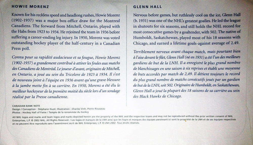 2002 GLENN HALL & HOWIE MORENZ FIRST DAY OF ISSUE STAMPS – CANADIAN HOCKEY LEGENDS POSTAGE COLLECTIBLE (7.5