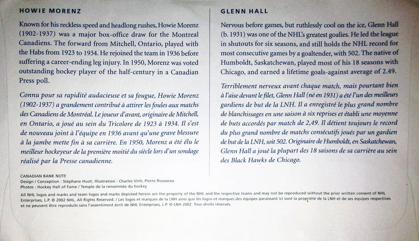 2002 GLENN HALL & HOWIE MORENZ FIRST DAY OF ISSUE STAMPS – CANADIAN HOCKEY LEGENDS POSTAGE COLLECTIBLE (7.5