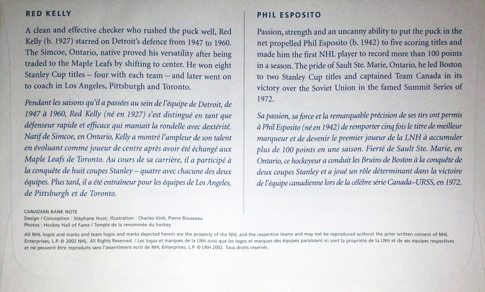 DAY OF ISSUE STAMP SET – RED KELLY & PHIL ESPOSITO 2002 NHL LEGENDS COLLECTIBLE (7.5