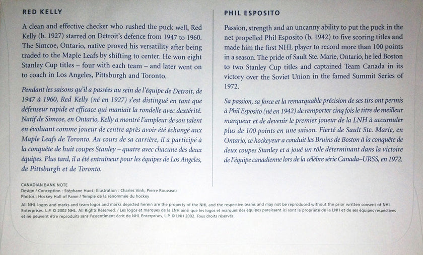 DAY OF ISSUE STAMP SET – RED KELLY & PHIL ESPOSITO 2002 NHL LEGENDS COLLECTIBLE (7.5