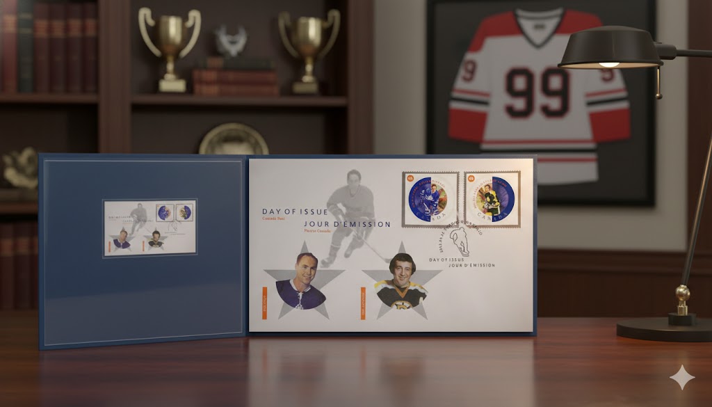 DAY OF ISSUE STAMP SET – RED KELLY & PHIL ESPOSITO 2002 NHL LEGENDS COLLECTIBLE (7.5