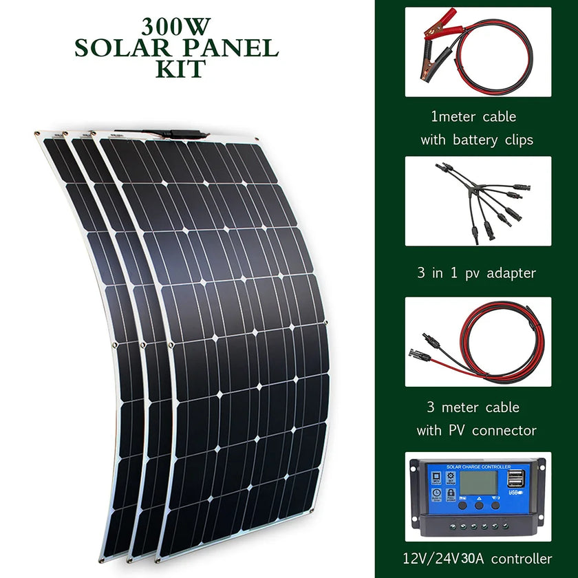 100-300w flexible solar panels 12/24v + inverter KIT