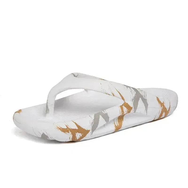Flip-flops Men Wear Sandy Beach Platform Outside And Step On Shit
