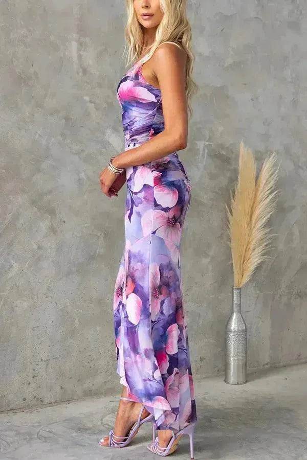 Flowers Print One-shoulder Midi Dress Summer INS Casual Suspender Women Dress