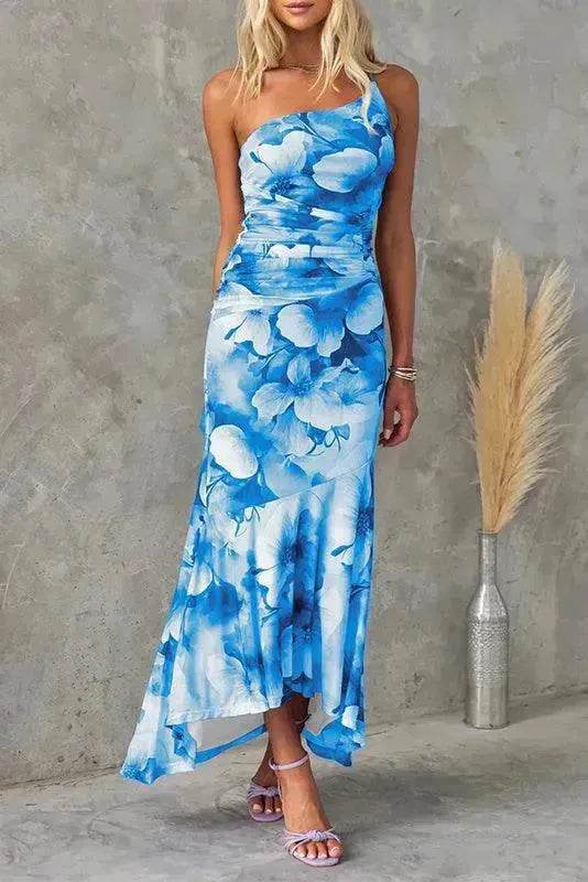 Flowers Print One-shoulder Midi Dress Summer INS Casual Suspender Women Dress