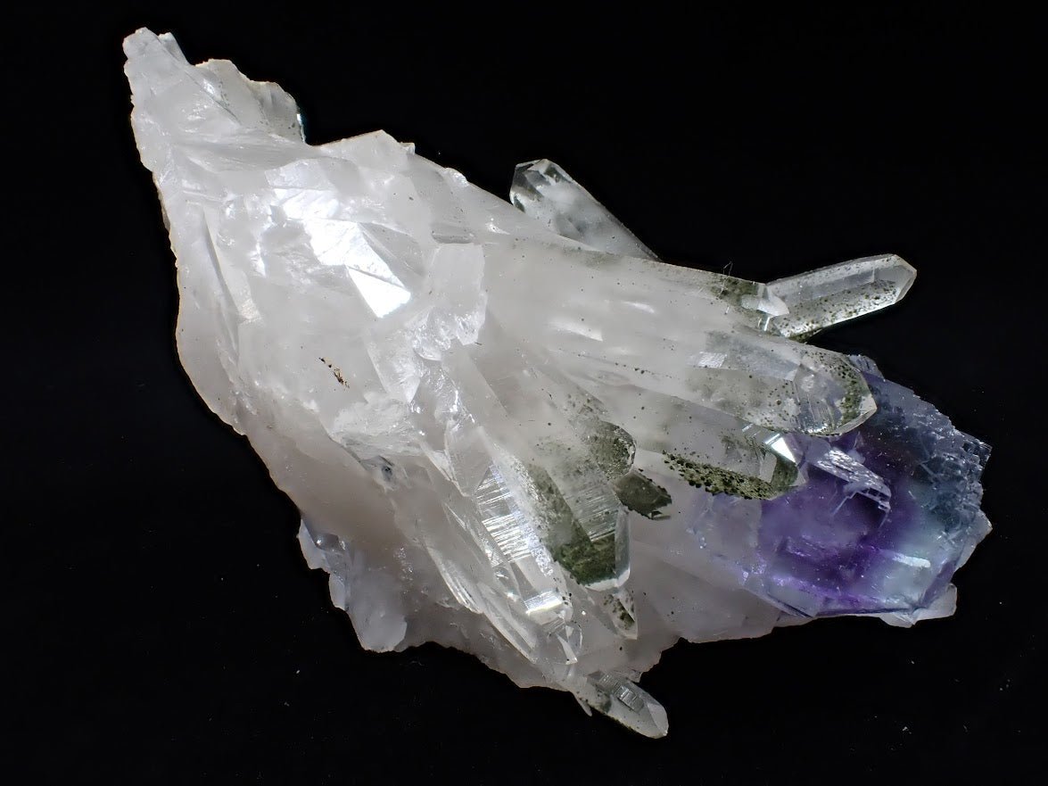 Fluorite on Quartz with Chlorite Inclusions and Pyrite – Yaogangxian Mine, Hunan, China