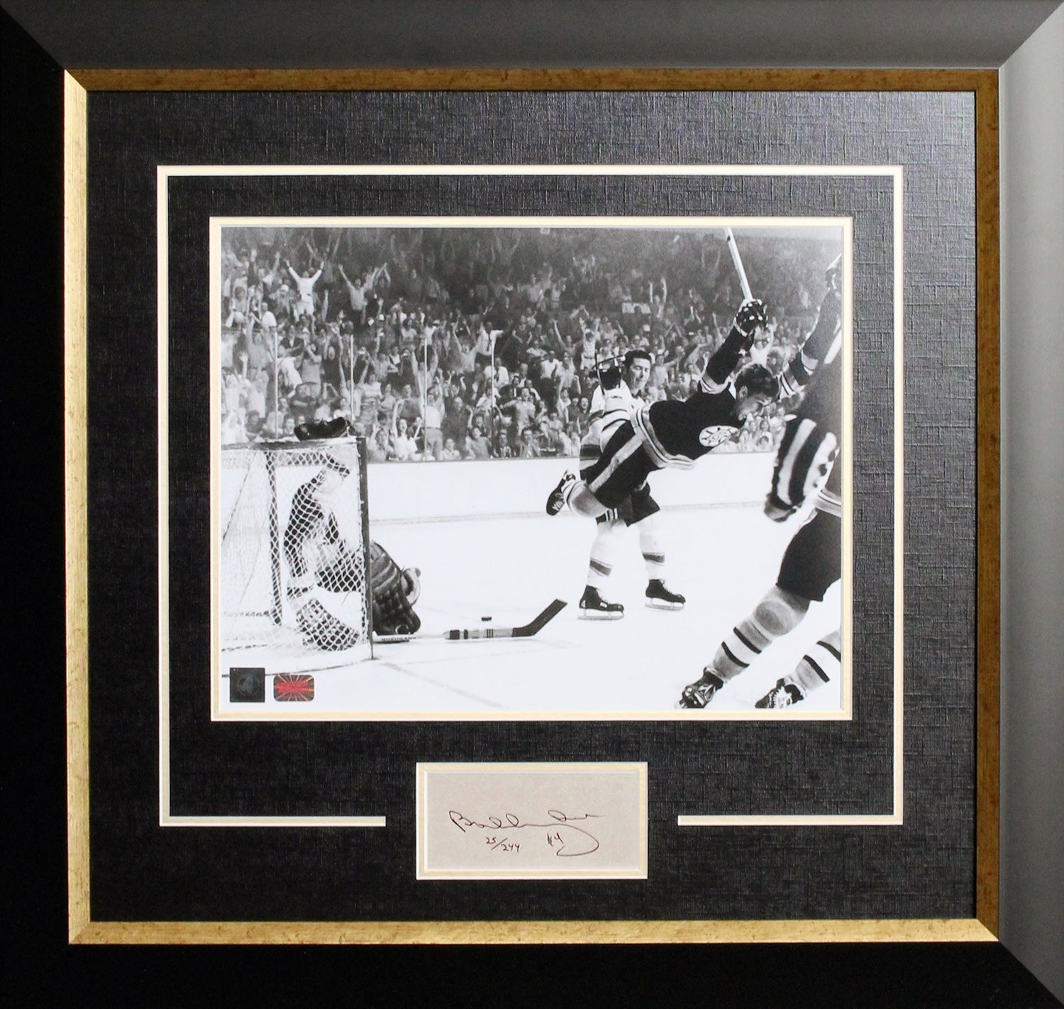 BOBBY ORR THE GOAL FRAMED PHOTO WITH CUT SIGNATURE – LIMITED EDITION /244, BOSTON BRUINS HOCKEY DISPLAY - GNR COA (24