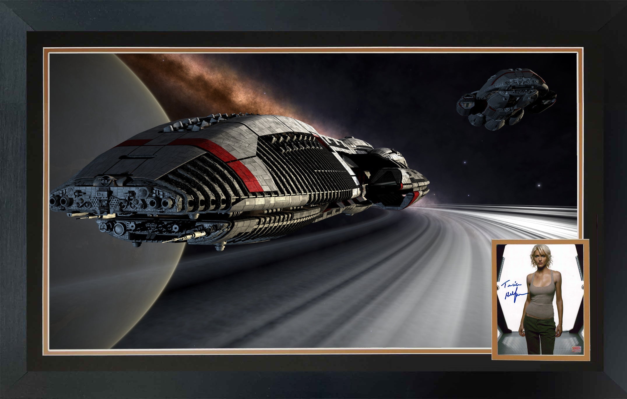 TRICIA HELFER AUTOGRAPHED BATTLESTAR GALACTICA SPACESHIP FRAMED COLLECTOR DISPLAY – NUMBER SIX SIGNED PHOTO, SCI?FI WALL ART (38.5