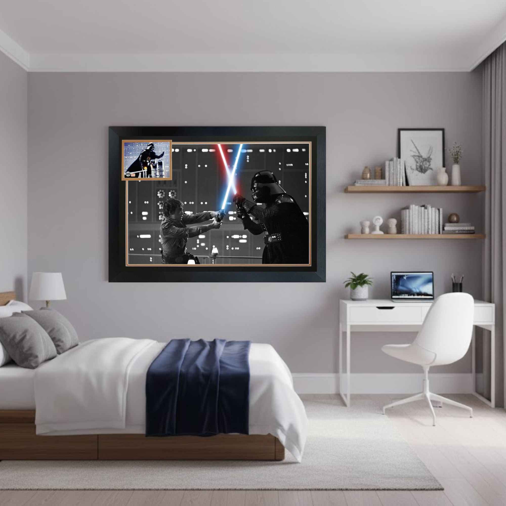 STAR WARS EMPIRE STRIKES BACK FRAMED PHOTO – DAVID PROWSE SIGNED DARTH VADER VS LUKE SKYWALKER LIGHTSABER DUEL (38.5