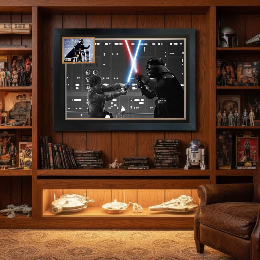 STAR WARS EMPIRE STRIKES BACK FRAMED PHOTO – DAVID PROWSE SIGNED DARTH VADER VS LUKE SKYWALKER LIGHTSABER DUEL (38.5