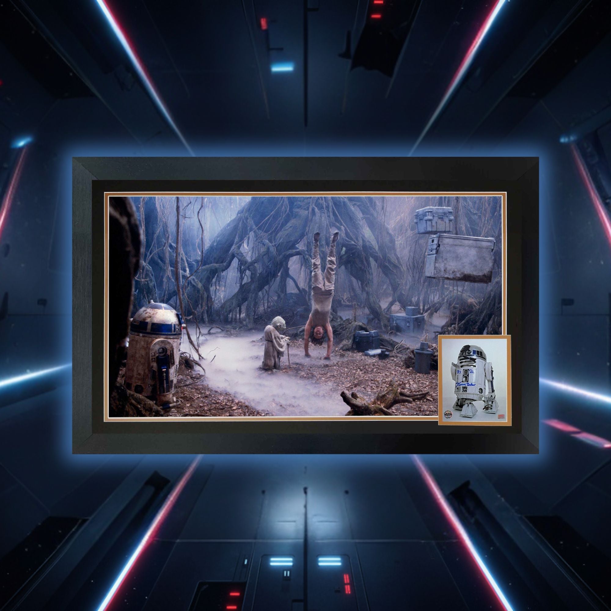 STAR WARS R2-D2 & YODA DAGOBAH AUTOGRAPHED FRAMED DISPLAY – KENNY BAKER SIGNED COLLECTIBLE EMPIRE STRIKES BACK MEMORABILIA (38.5