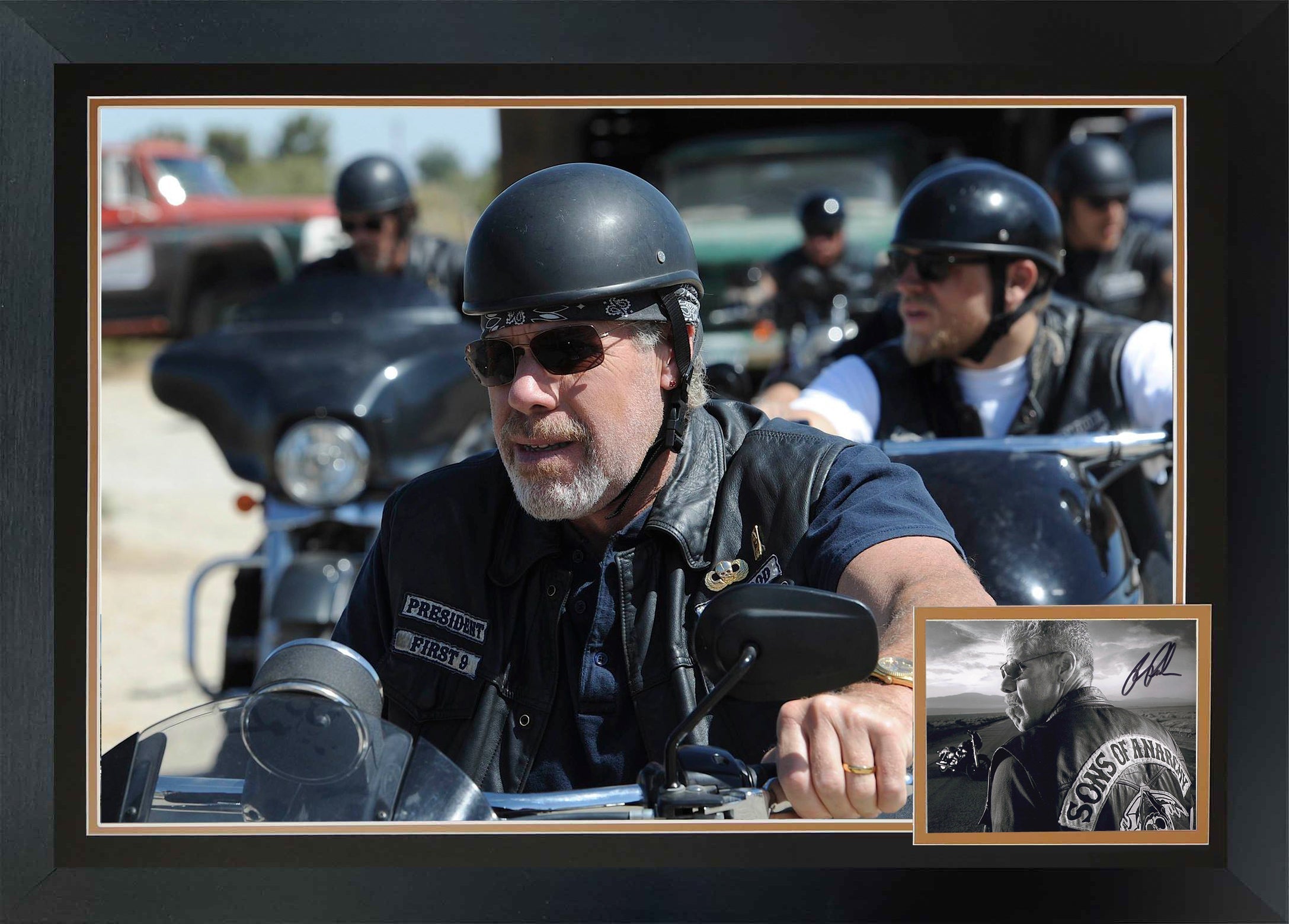RON PERLMAN AUTOGRAPHED SONS OF ANARCHY FRAMED MOTORCYCLE PHOTO DISPLAY – CLAY MORROW SIGNED, SAMCRO COLLECTOR ART (38.5