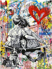 BANKSY CUDDLES ON THE BENCH WITH DOG & RED HEART – STREET ART CANVAS WALL DECOR (33.5