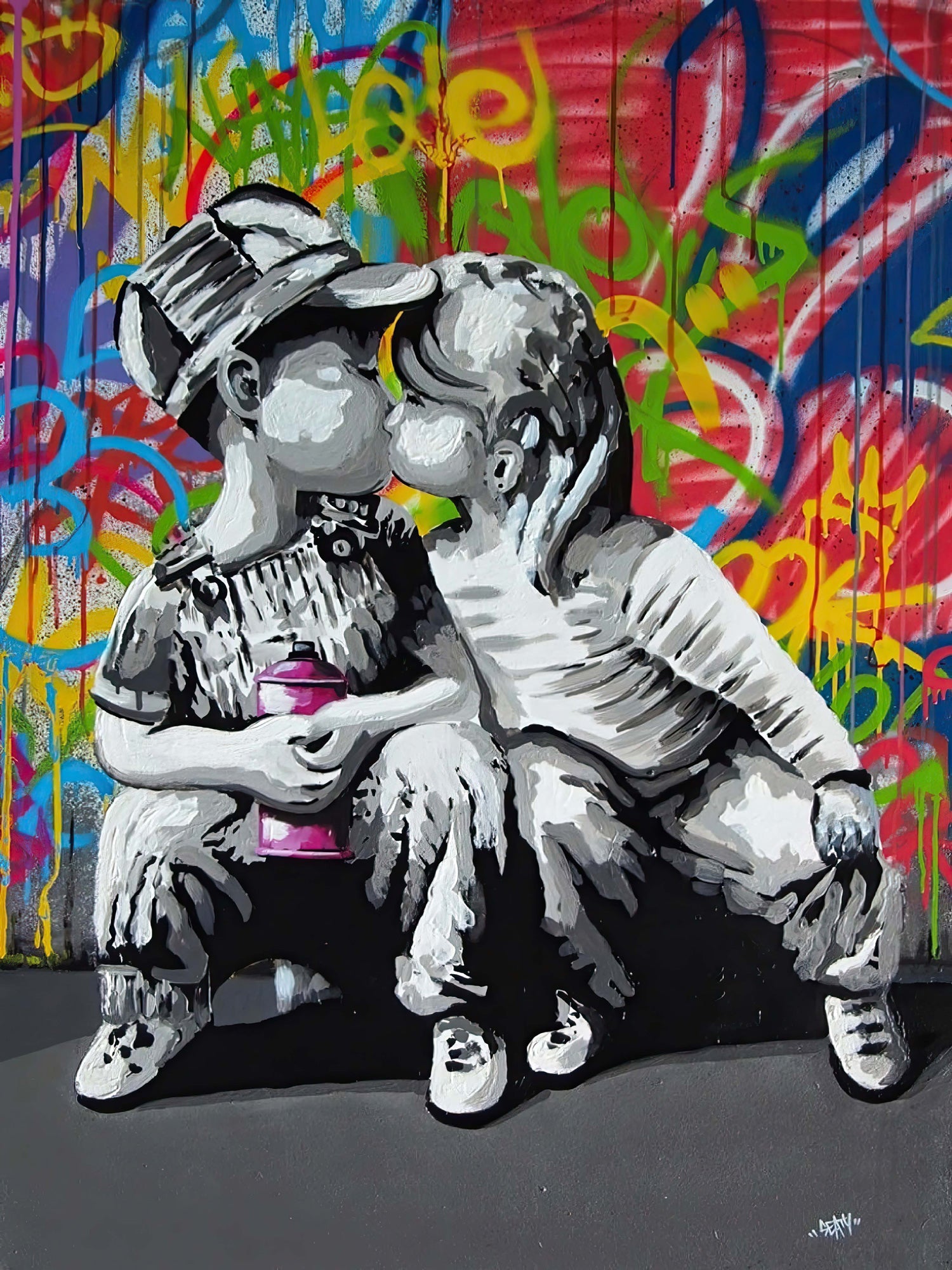 BANKSY FIRST KISS – URBAN STREET ART CANVAS WALL DECOR (33.5