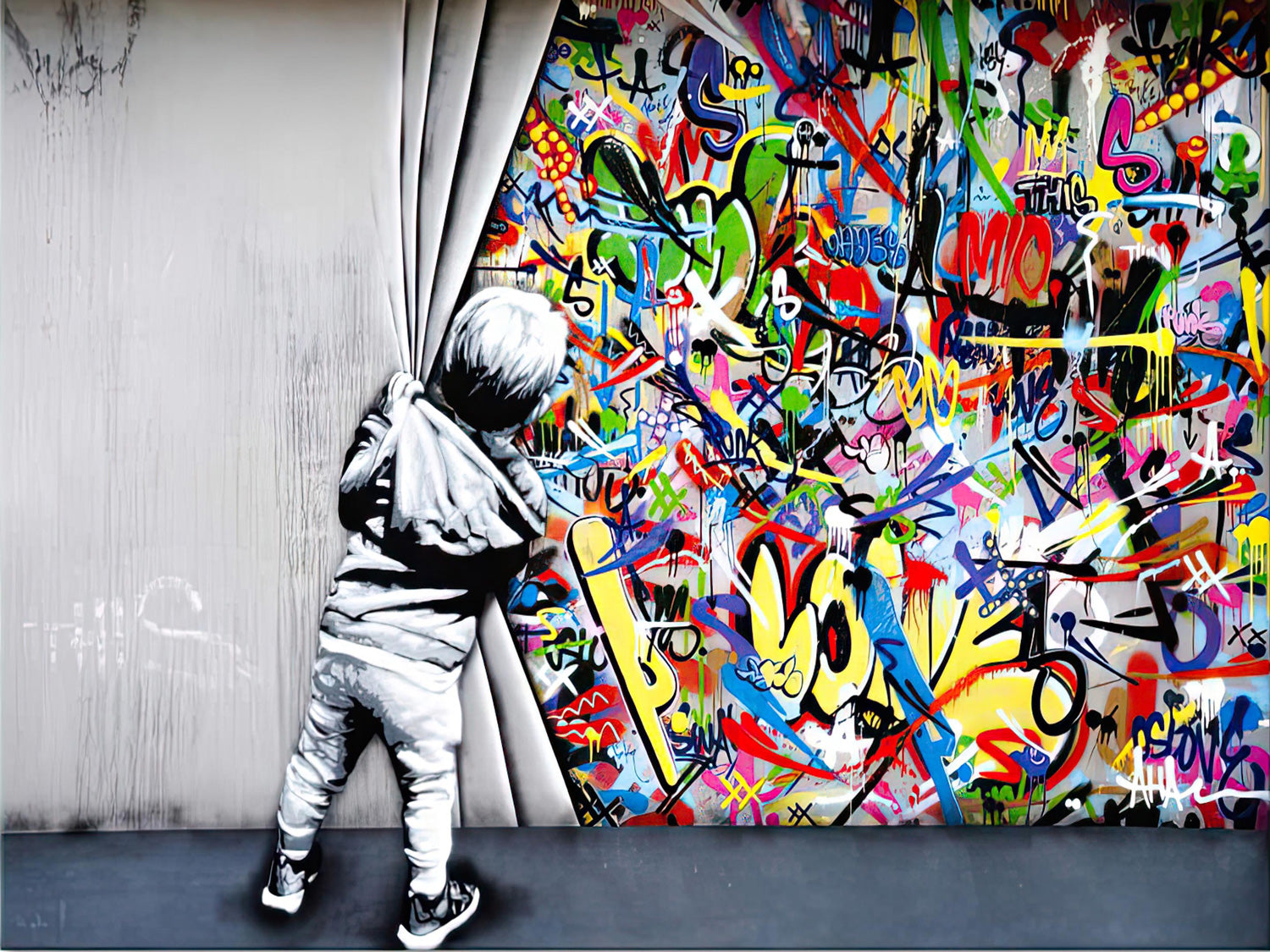 BANKSY OPENING THE CURTAIN – POLITICAL STREET ART CANVAS PRINT (33.5