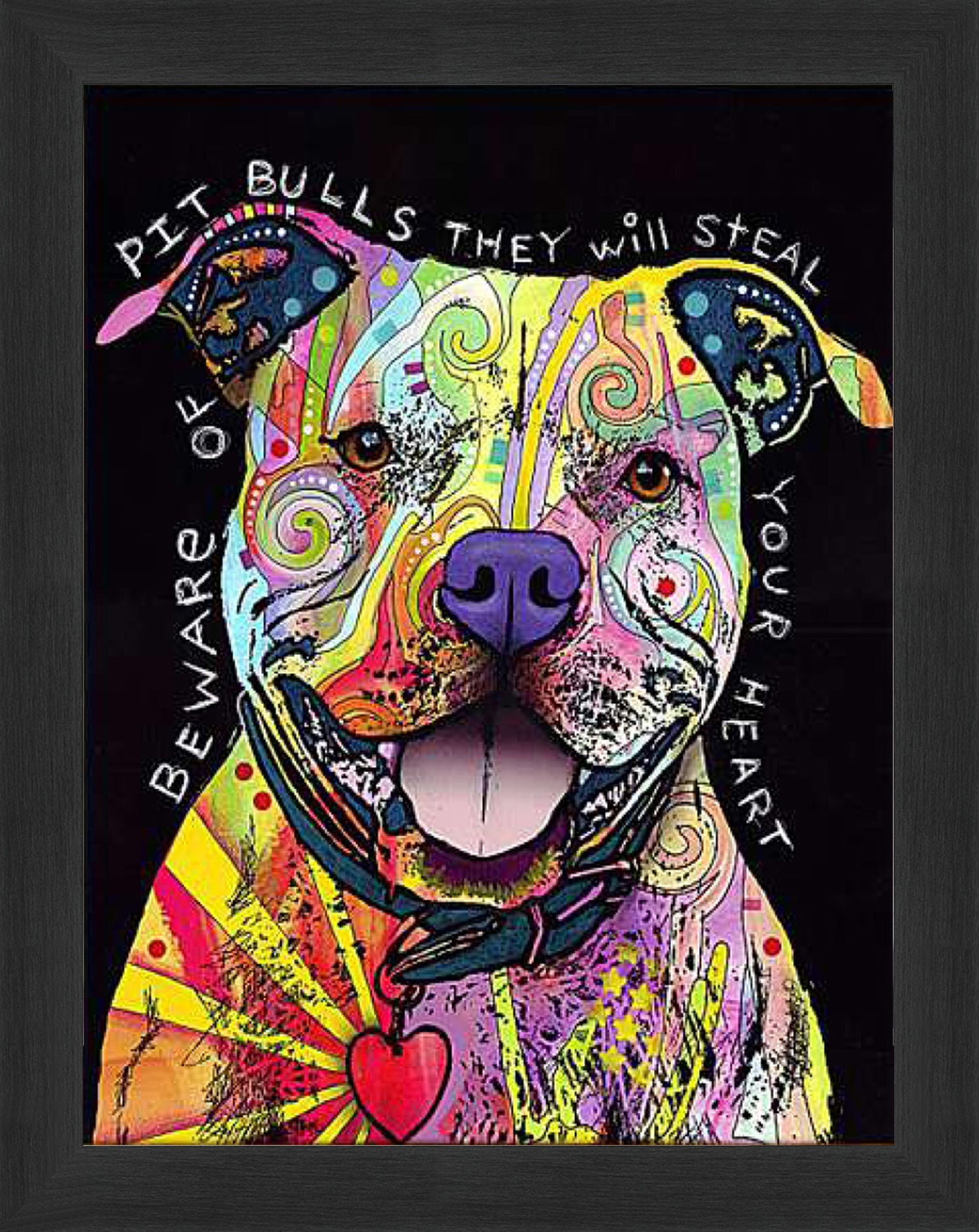 BEWARE OF PIT BULLS COLORFUL  FRAMED CANVAS WALL ART (33.5