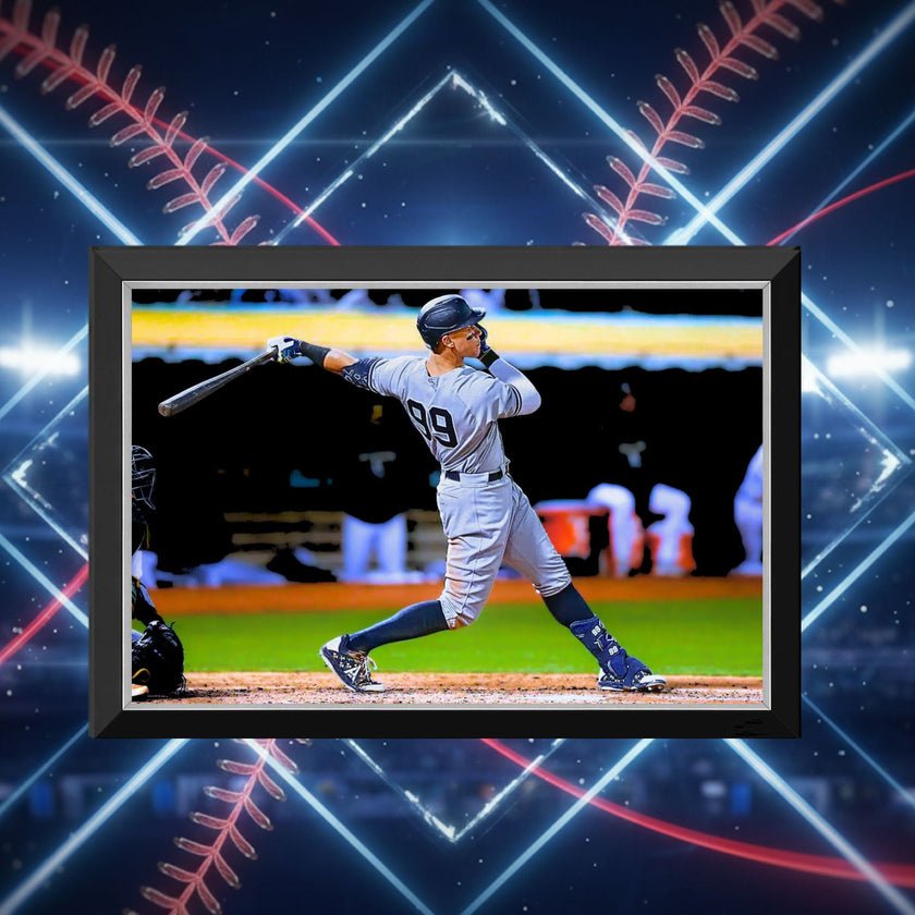 FRAMED CANVAS WALL ART – AARON JUDGE NEW YORK YANKEES #99 HORIZONTAL ACTION SHOT – 33