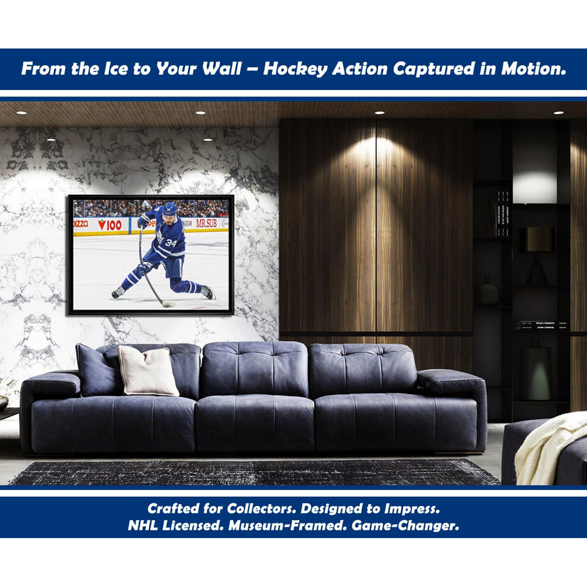 AUSTON MATTHEWS SLAPSHOT TORONTO HOCKEY NHL LICENSED FRAMED CANVAS – MUSEUM QUALITY DISPLAY PRINT FOR LEAFS FANS – SPORTS WALL ART DECOR PIECE – OFFICIAL COLLECTOR GIFT – AUTOGRAPH AUTHENTIC MEMORABILIA (31.5