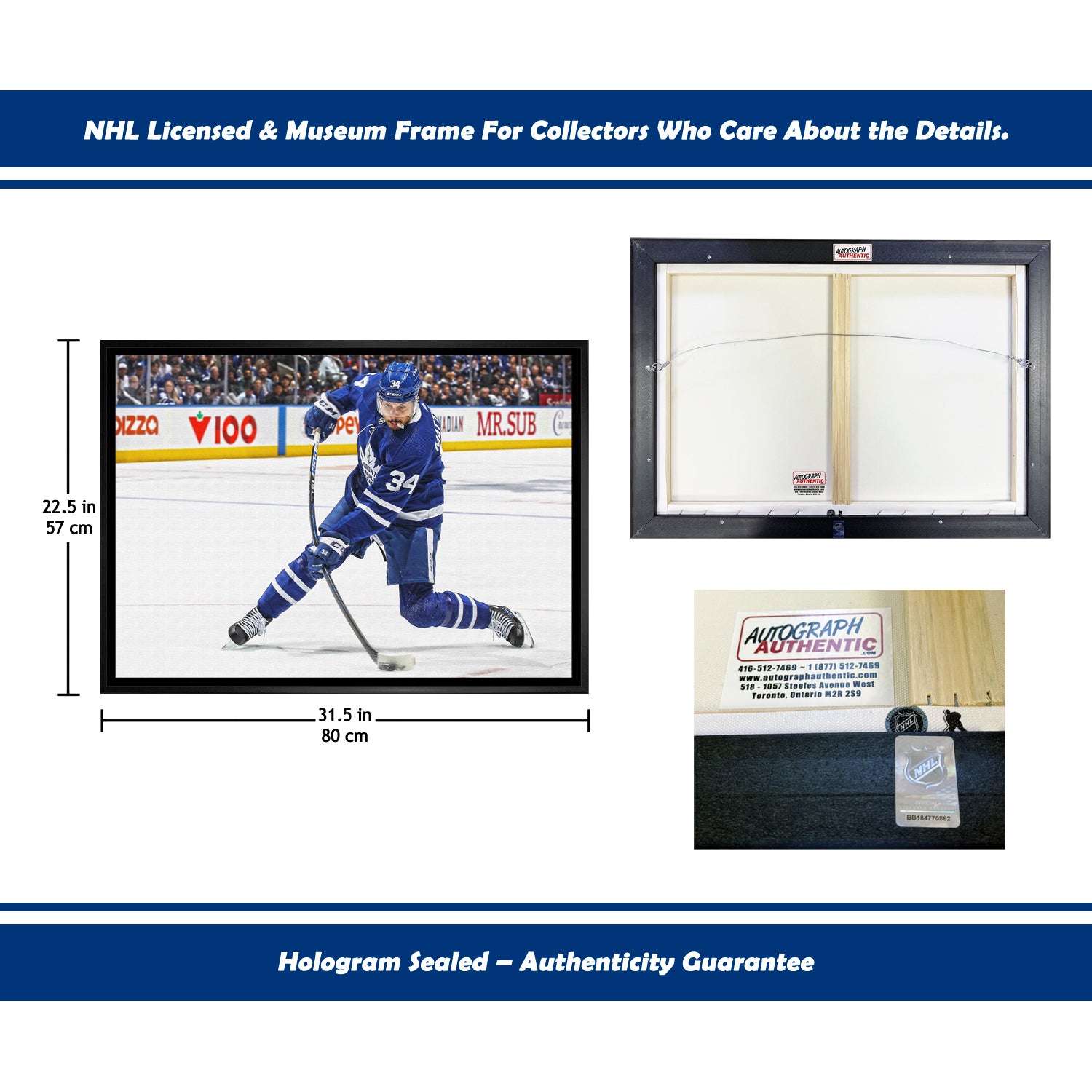 AUSTON MATTHEWS SLAPSHOT TORONTO HOCKEY NHL LICENSED FRAMED CANVAS – MUSEUM QUALITY DISPLAY PRINT FOR LEAFS FANS – SPORTS WALL ART DECOR PIECE – OFFICIAL COLLECTOR GIFT – AUTOGRAPH AUTHENTIC MEMORABILIA (31.5