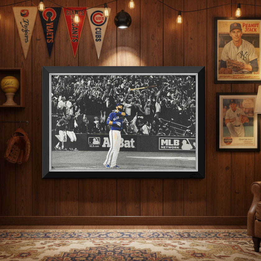 JOSE BAUTISTA ICONIC BAT FLIP FRAMED CANVAS – LEGENDARY TORONTO BLUE JAYS BASEBALL MOMENT – MUSEUM-QUALITY WALL ART DISPLAY (33.5