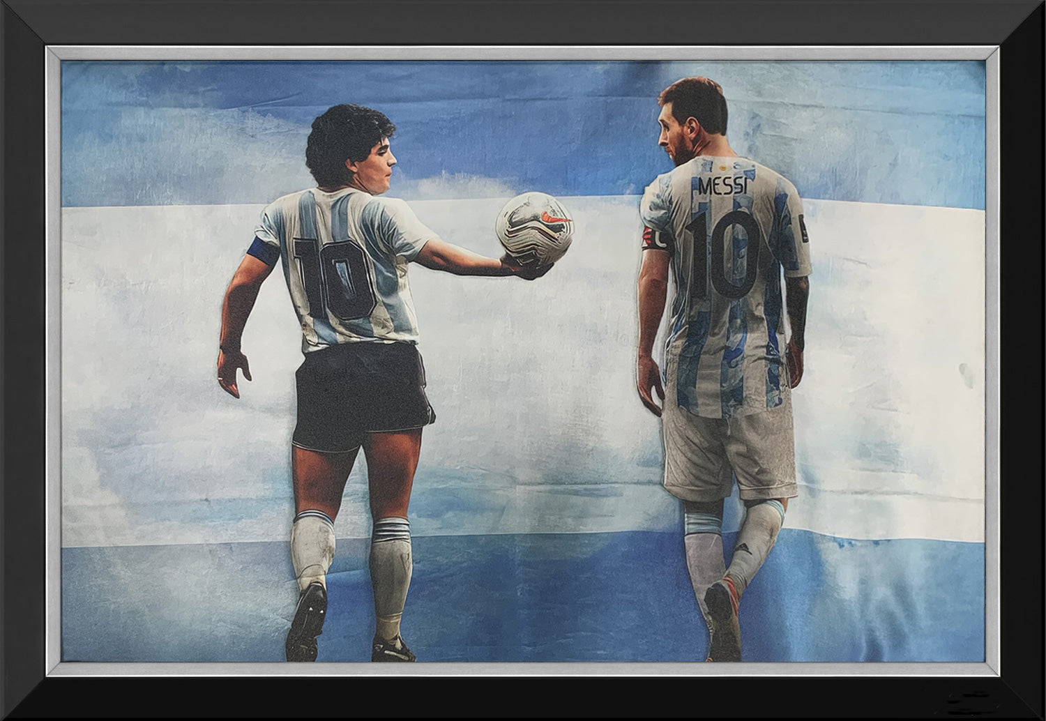 LIONEL MESSI & DIEGO MARADONA ARGENTINA FRAMED CANVAS – LEGENDARY SOCCER ICONS WALL ART DISPLAY (33.5