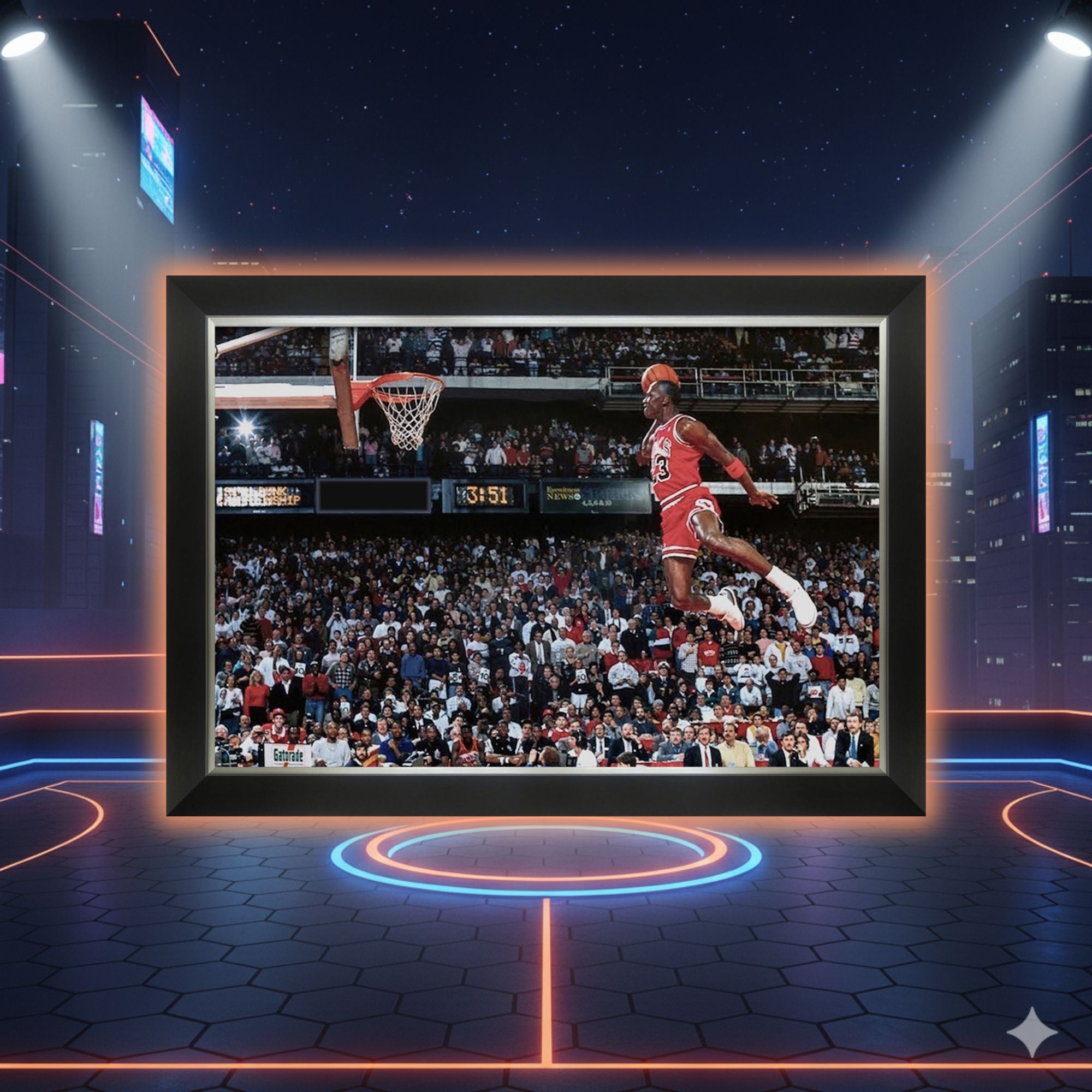MICHAEL JORDAN 1988 SLAM DUNK CONTEST FRAMED CANVAS – CHICAGO BULLS NBA LEGEND – ICONIC MID-AIR POSTER TRIBUTE – VINTAGE BASKETBALL WALL ART (33.5