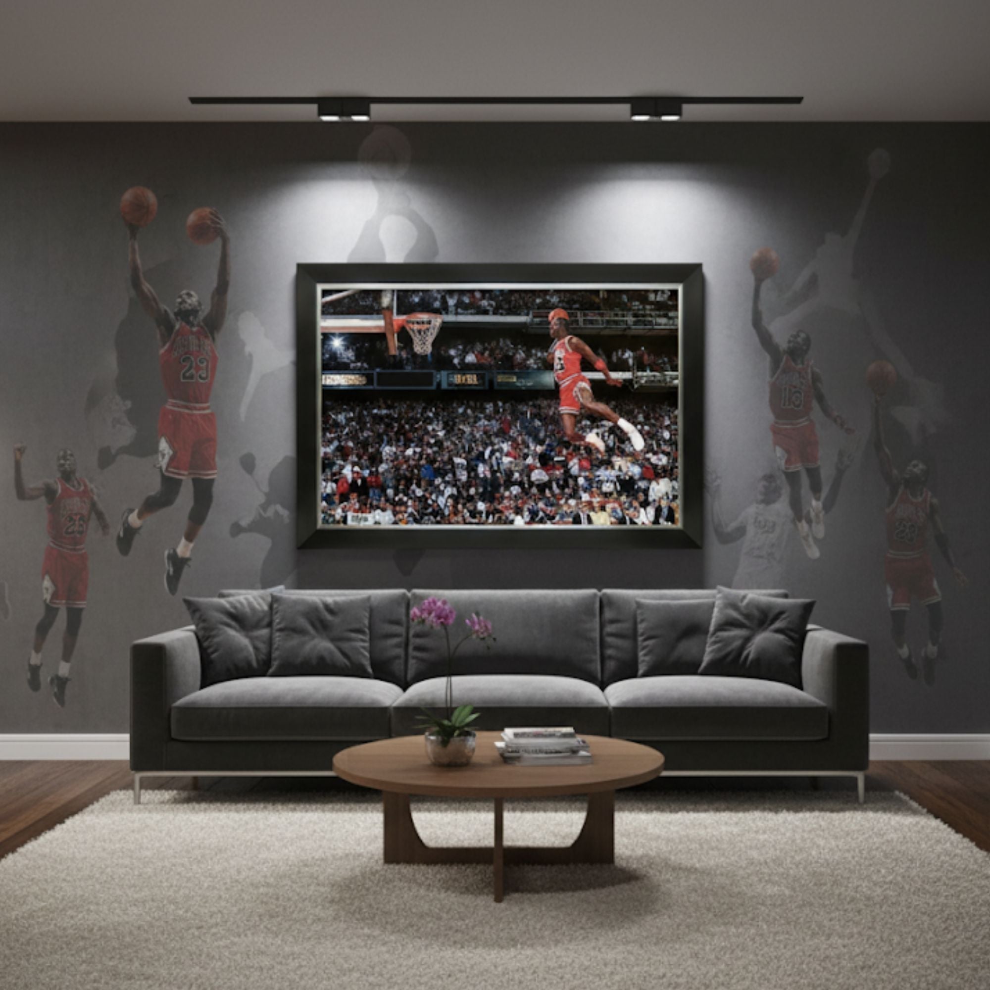 MICHAEL JORDAN 1988 SLAM DUNK CONTEST FRAMED CANVAS – CHICAGO BULLS NBA LEGEND – ICONIC MID-AIR POSTER TRIBUTE – VINTAGE BASKETBALL WALL ART (33.5