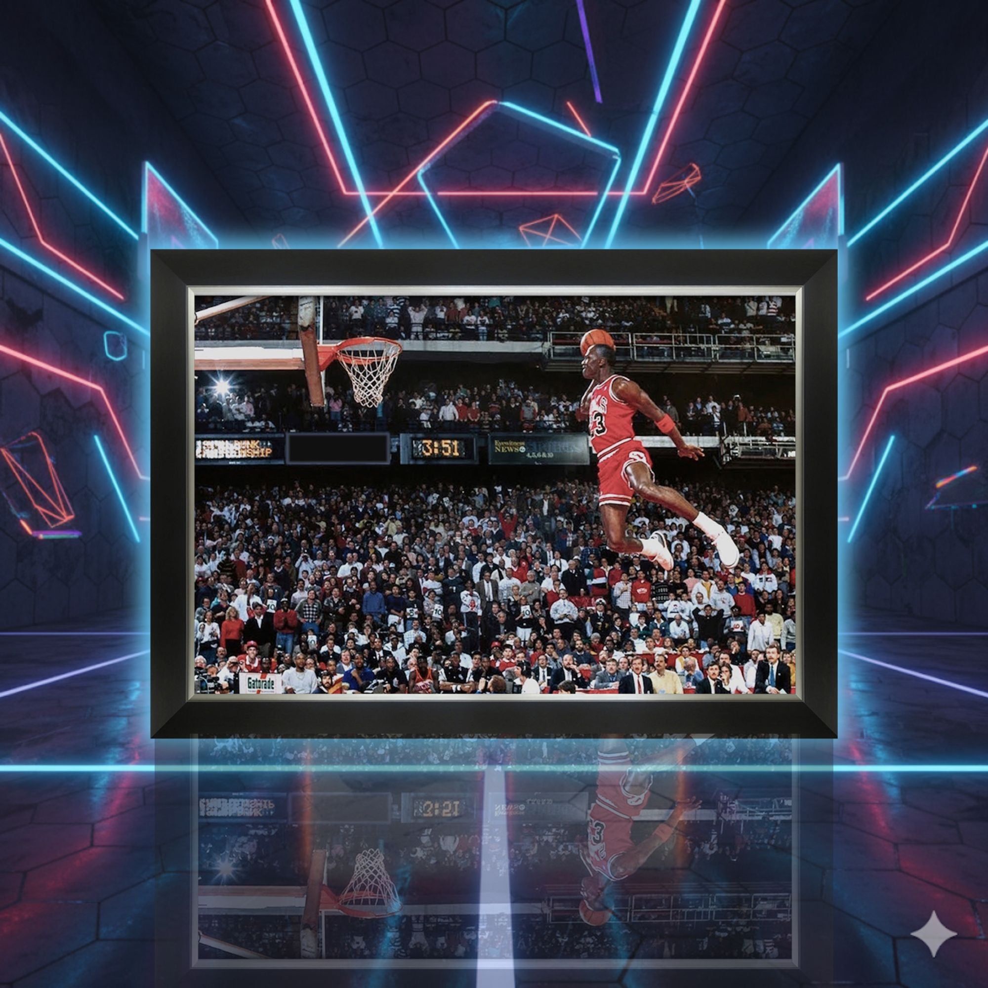 MICHAEL JORDAN 1988 SLAM DUNK CONTEST FRAMED CANVAS – CHICAGO BULLS NBA LEGEND – ICONIC MID-AIR POSTER TRIBUTE – VINTAGE BASKETBALL WALL ART (33.5