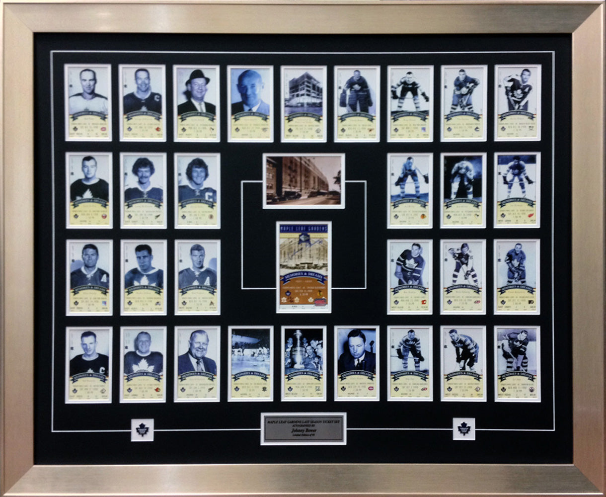 JOHNNY BOWER SIGNED TORONTO MAPLE LEAFS GARDENS LAST GAME TICKET SET – FRAMED NHL DISPLAY LTD ED /99 (43